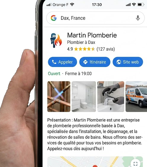 Fiche Google Business d'un artisan sur smartphone